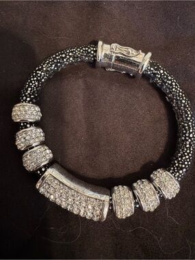 Joan Boyce Crystal Pave Black and Silver Cloth Bracelet